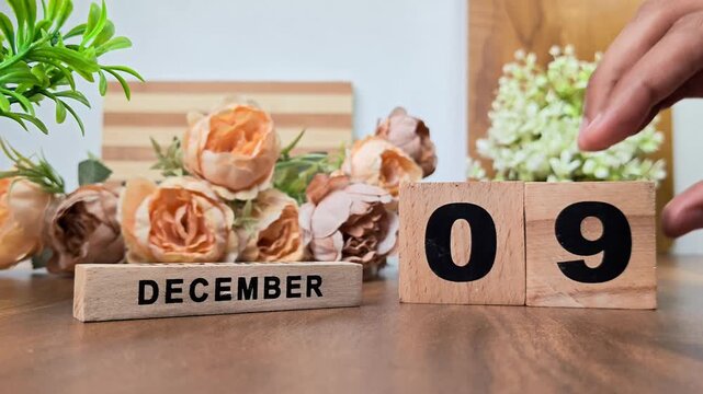 Hand placing wooden calendar blocks showing december 9 on a wooden table