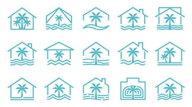 Tropical beach house icons set.