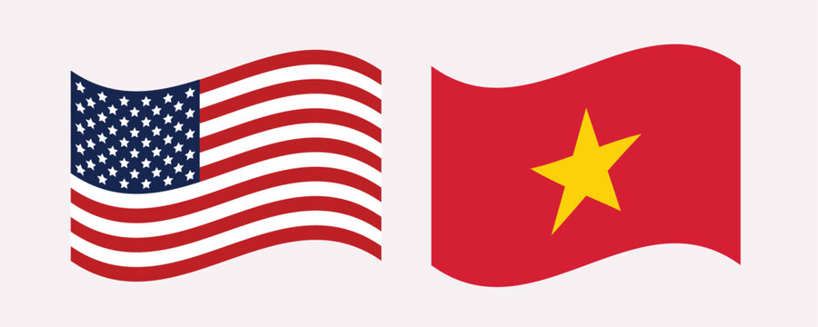 Waving American and Vietnamese flags representing international diplomacy and global cooperation style