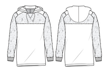 Fleece hoodie front and back view vector template technical drawing. © Apparel Design