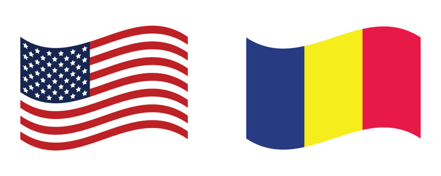 Waving flags of the United States and Romania isolated on a white background in flat vector style