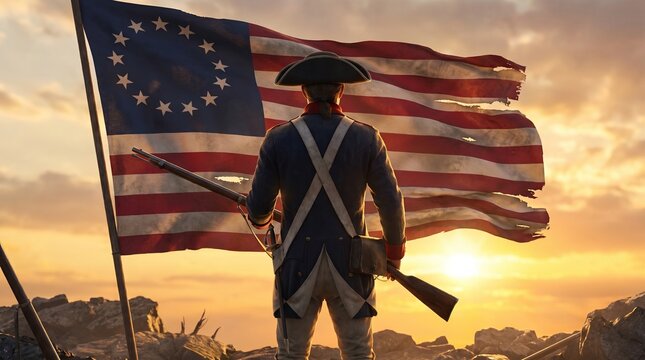 A lone American Revolutionary War soldier stands before a tattered Betsy Ross flag at sunset, symbolizing patriotism and historical struggle.