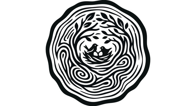 Stylized illustration of a birds nest with two birds and eggs inside a tree ring pattern.