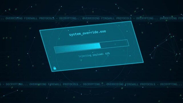 System breach hacking. Digital system override interface showing payload injection and firewall breach