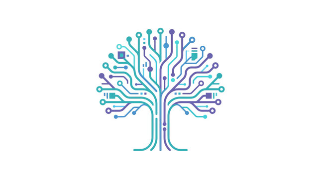 A stylized tree with circuit board lines and colorful nodes on a white background.