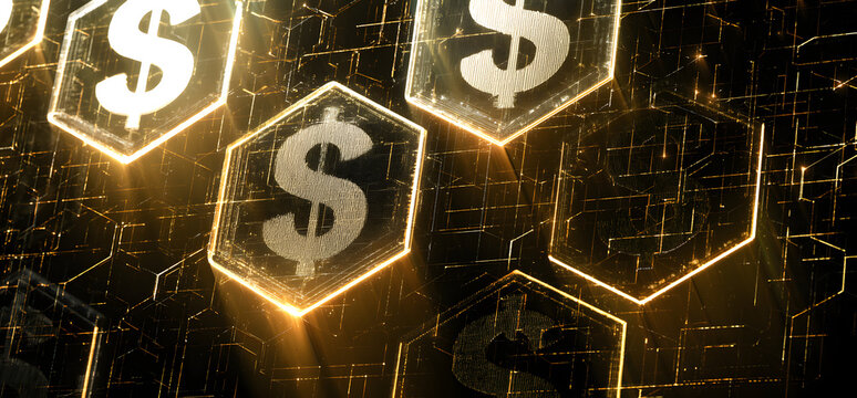 shiny light rays, dollar signs, and digital grids on a hexagram background, concept for futuristic finance technology, stablecoins, and blockchain