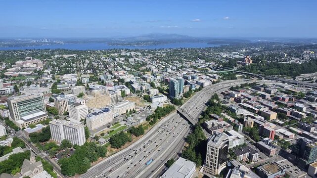 Aerial view of Seattle cityscape and freeway