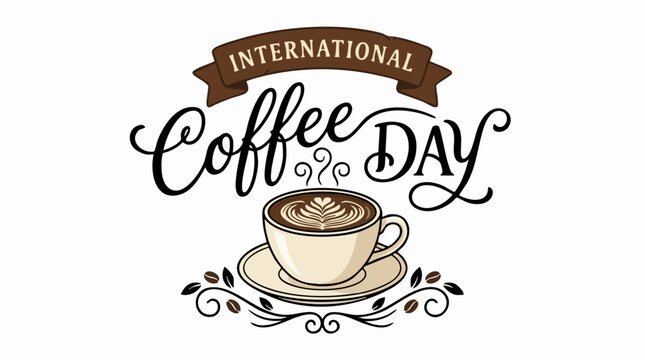 International Coffee Day Illustration: A beautifully illustrated coffee cup with latte art, steaming hot, sits on a saucer.