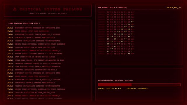 Critical System Failure Reboot Protocol Auto Recovery Stalled Error Animation.