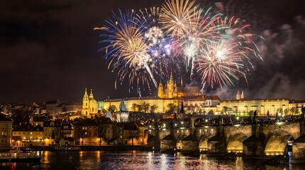 Fototapeta premium A breathtaking fireworks display illuminating a historic city skyline at night, celebrating a special event or national holiday.