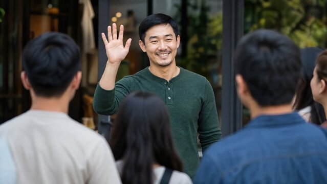 Generative AI, Asian man greeting friends with a wave outdoors