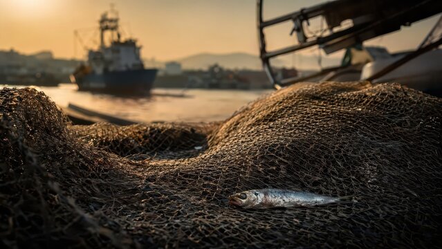 Overfishing and marine pollution, dead fish on fishing net with boat in harbor at sunset, environmental crisis and ocean conservation, climate change