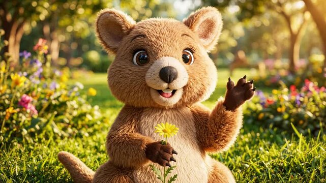 Cute Animal Mascot Waving Hello in Sunny Meadow with Flower