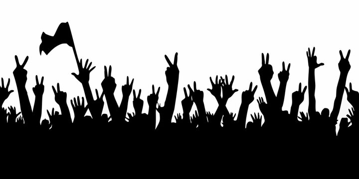 Crowd silhouette with raised hands and waving flag on white background