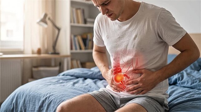 Man sitting on bed experiencing severe abdominal pain with glowing 3D intestine graphic overlay, colon or bowel disease concept