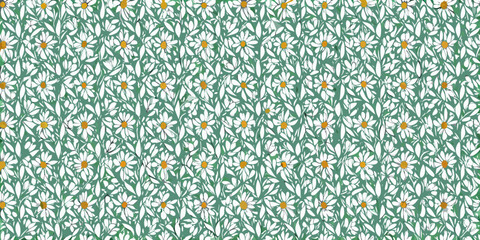 Daisy floral pattern with green leaves a repeating botanical design © Etika