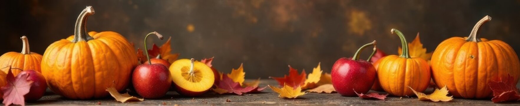 Autumn pumpkins, vibrant fruits & falling leaves Festive Thanksgiving still life , autumn, composition