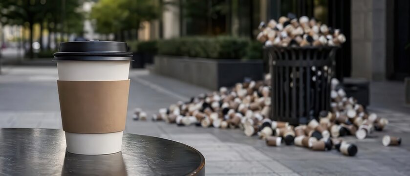 Coffee cup on table with overflowing trash can and litter, urban waste and environmental pollution social issue, sustainability, ecology, overconsumption