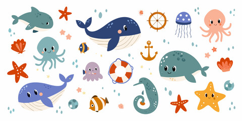 Cartoon Style Sea Creatures And Nautical Elements On White Background © Etika
