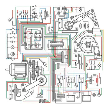 Complex Mechanical and Electrical Engineering Diagram Illustration.