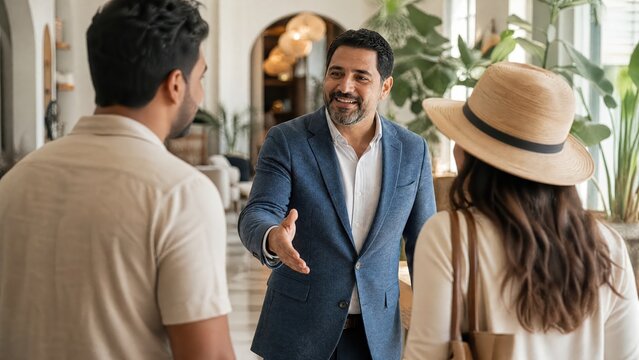 Generative AI, Hispanic host welcoming guests with handshake in resort lobby