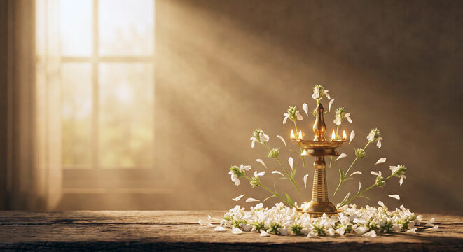 Lit traditional brass oil lamp adorned with fresh Thumba flowers on a rustic wooden table, bathed in warm sunlight, perfect for Kerala's Onam festival celebration.
