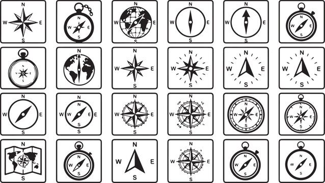 Collection of 20 black and white compass icons isolated on transparent background