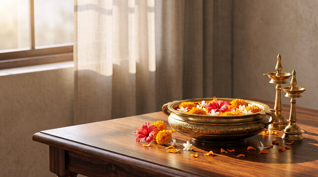 Traditional brass Uruli filled with vibrant marigold and hibiscus flowers, accompanied by brass oil lamps on a wooden table, celebrating the festive spirit of Kerala's Onam festival with soft sunlight