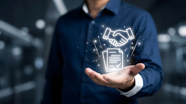 Businessman presenting a handshake and document icon for partnership or agreement