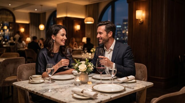 Romantic elegant couple enjoying dinner and red wine at a luxury fine dining restaurant