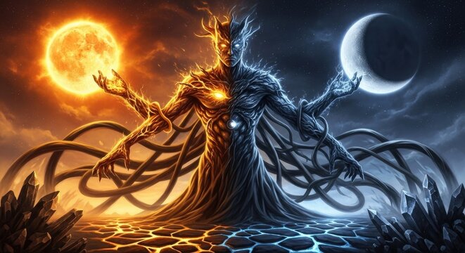 Mythical creatures in dual sun moon.