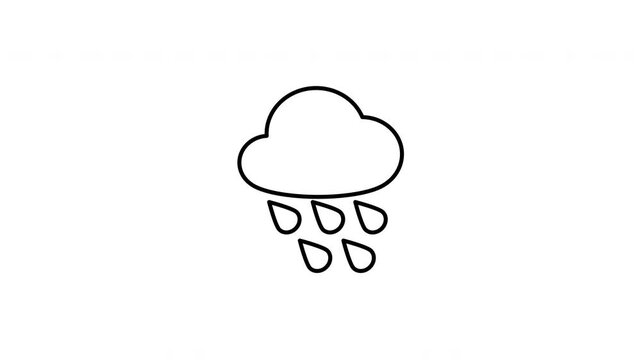 Minimalist outline animation of a pouring weather cloud with falling raindrops drawing on and fading out. Features a clean pop up style in 3 color setups.