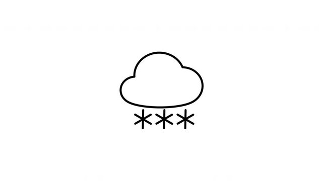 Minimalist outline animation of a winter weather cloud with falling frozen snowflakes drawing on and fading out. Features a clean pop up style in 3 color setups.