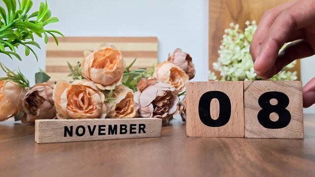 Hand placing wooden calendar blocks showing november 8 on a wooden table