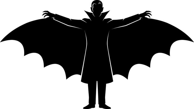 Gothic vampire Dracula silhouette vector with large outstretched bat wings on white background