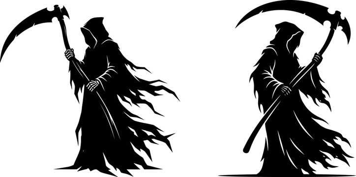 grim reaper silhouette vectors holding large scythes scary death angel ghosts with tattered cloaks