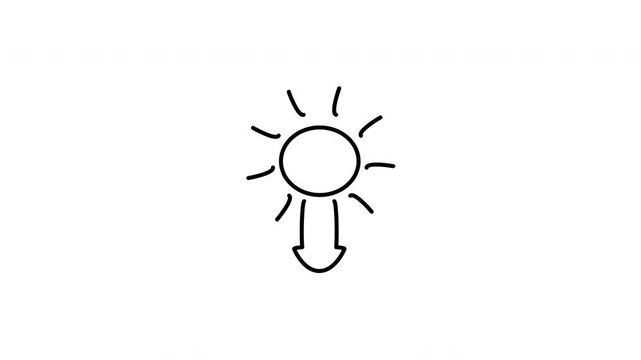 Minimalist outline animation of an evening sun setting down with a downward arrow drawing on and fading out. Features a clean pop up style in 3 color setups.