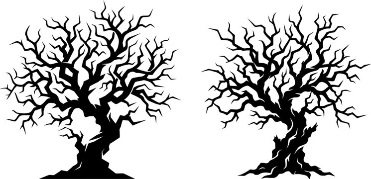 spooky dead trees vector silhouettes with scary twisted bare branches isolated on white background