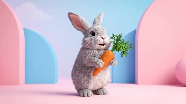 Cute Bunny Rabbit Holding Carrot, Animated Easter Mascot, Spring Vibes