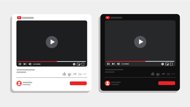 Video player Mockup, Light and Dark Youtube App Template Vector illustration.