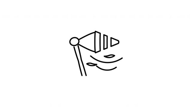 Minimalist outline animation of a standard airport wind sock blowing in the breeze drawing on and fading out. Features a clean pop up style in 3 color setups.