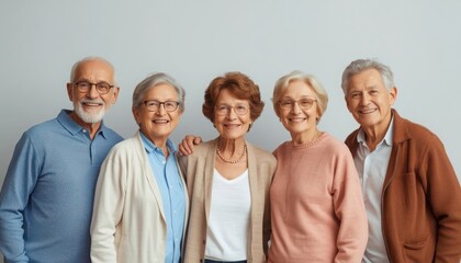 Fototapeta premium A group of happy senior citizens standing together in casual clothing on gray background