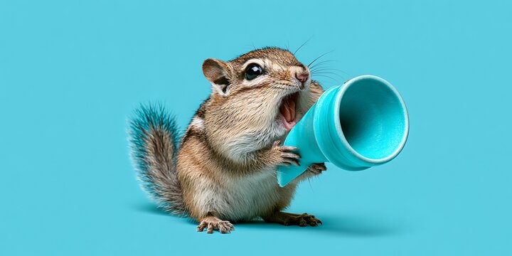 Chipmunk holds a small bright blue megaphone while standing against a solid turquoise background to create a humorous and whimsical animal scene for your creative projects.