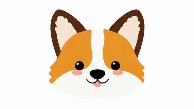 Cute cartoon corgi face with big ears and pink cheeks, flat illustration, perfect for animal graphics, pet products and children's books