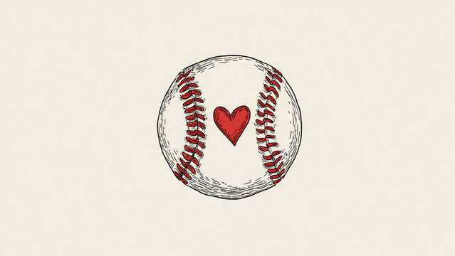 Vintage baseball with a red heart symbol in the center, hand-drawn illustration, concept for sports fan merchandise, team spirit and hobby promotion