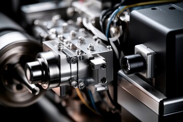 Fototapeta premium Industrial CNC machinery close up. High tech manufacturing concept.