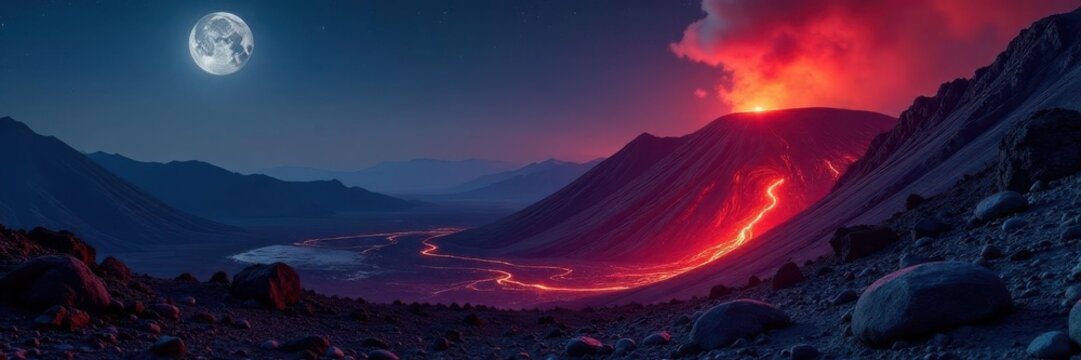 Etna's volcanic crater, moonlit, resembling a Martian scene , landscape, mysterious, europe