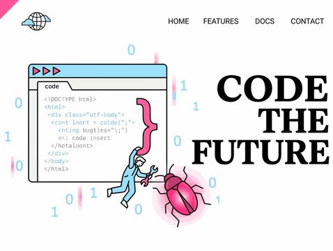 Modern Web Developer Platform Site Landing Page Design Software Code Bug Fix Technology Binary Future