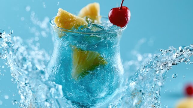 Refreshing blue cocktail with pineapple, cherry, and water splash