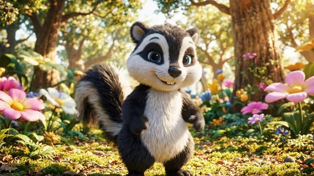 Cute Cartoon Chipmunk Dancing in Sunny Forest Glade